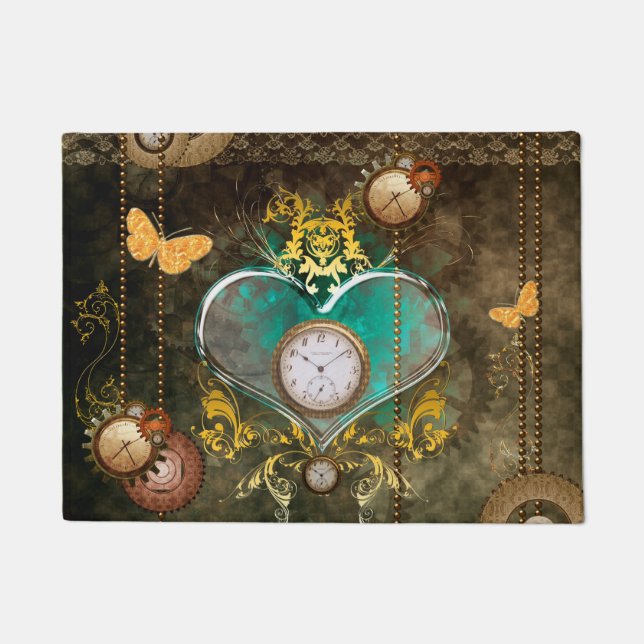 Felpudo Steampunk, corazón maravilloso con los relojes (Anverso)