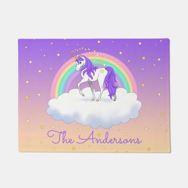 Felpudo Sueños dulces morados de Bonito con unicornio arco (Anverso)