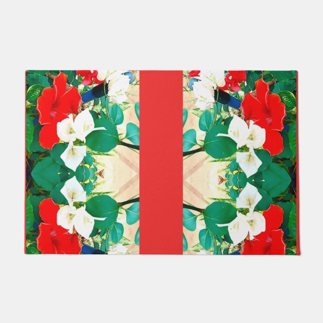 Felpudo Sunshine Red Hibiscus Green Leaves Caen Colores Di (Anverso)