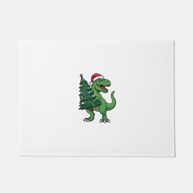 Felpudo T-Rex de Navidad llevando árbol de Navidad (Anverso)