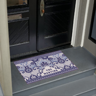 Felpudo Talavera mexicana personalizada en azul y blanco