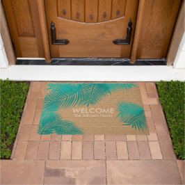 Felpudo Tan Burlap con Verde azuladas hojas de palma