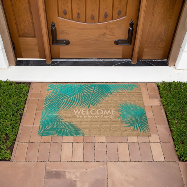 Felpudo Tan Burlap con Verde azuladas hojas de palma (Exterior)