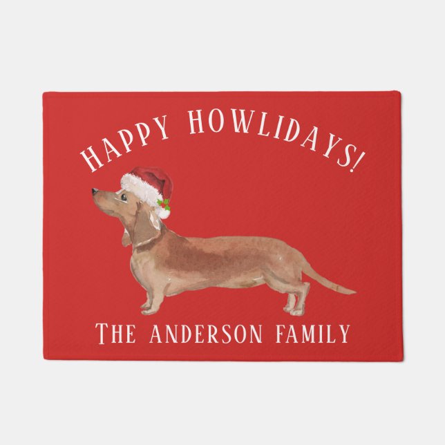 Felpudo Tan Dachshund Navidades de Howlidays Happy (Anverso)