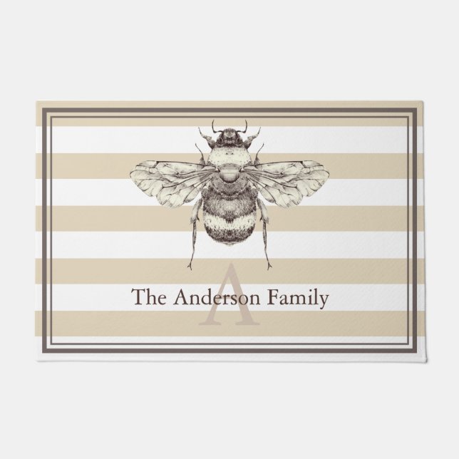 Felpudo Taupe Vintage Bumble Bee & Family Name (Anverso)