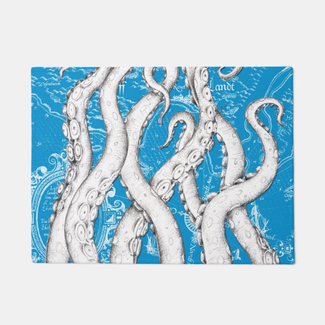 Felpudo Tentáculos blancos Octopus Mapa de cosecha Azul Ná (Anverso)