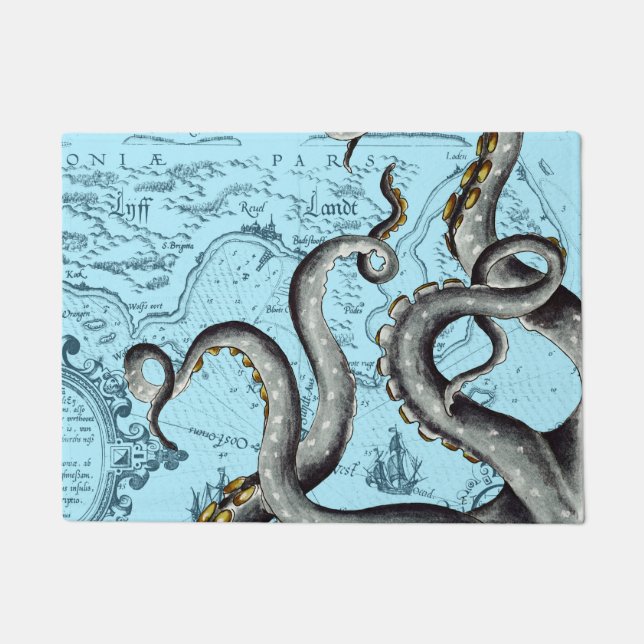 Felpudo Tentáculos Gris En El Mapa De Vintado Azul (Anverso)