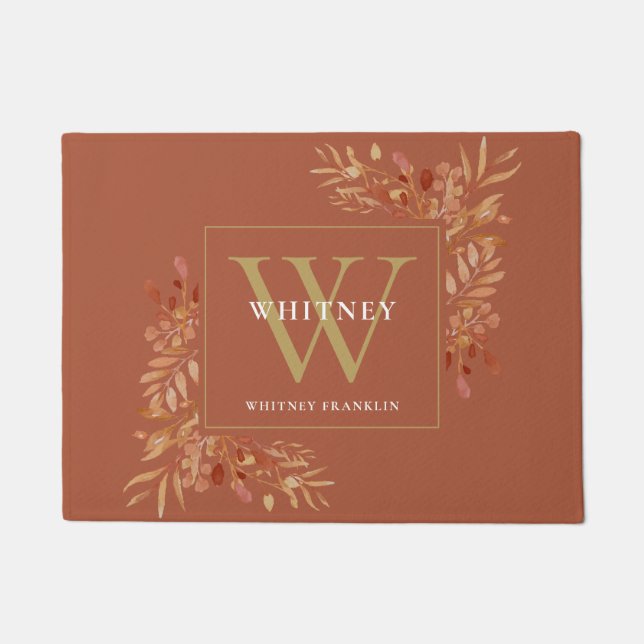 Felpudo Terracota Y Monograma Dorado Floral Rústica (Anverso)