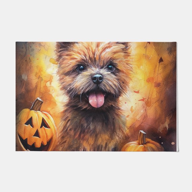 Felpudo Terrier de Cairn de Halloween con calabazas aterra (Anverso)