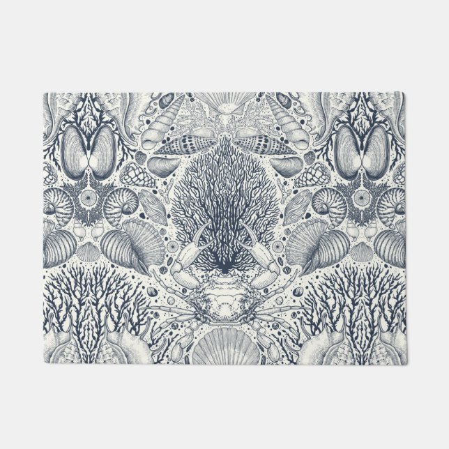 Felpudo Tesoros de playa, conchas marinas, cangrejos, cora (Anverso)