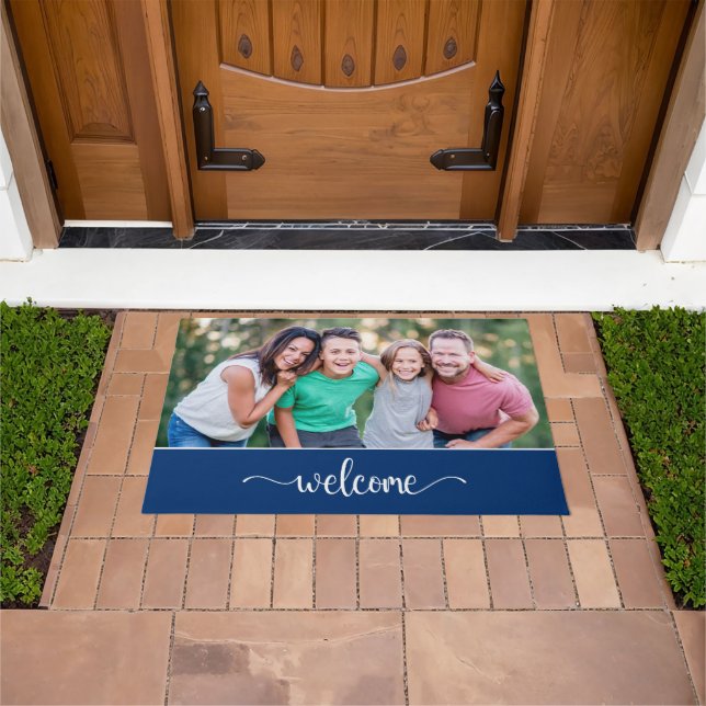 Felpudo Texto de bienvenida con foto familiar, azul (Exterior)