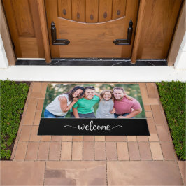 Felpudo Texto de bienvenida con foto familiar, negro