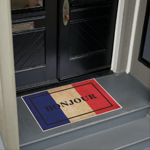 Felpudo Texto de BONJOUR PERSONALIZABLE sobre la bandera d