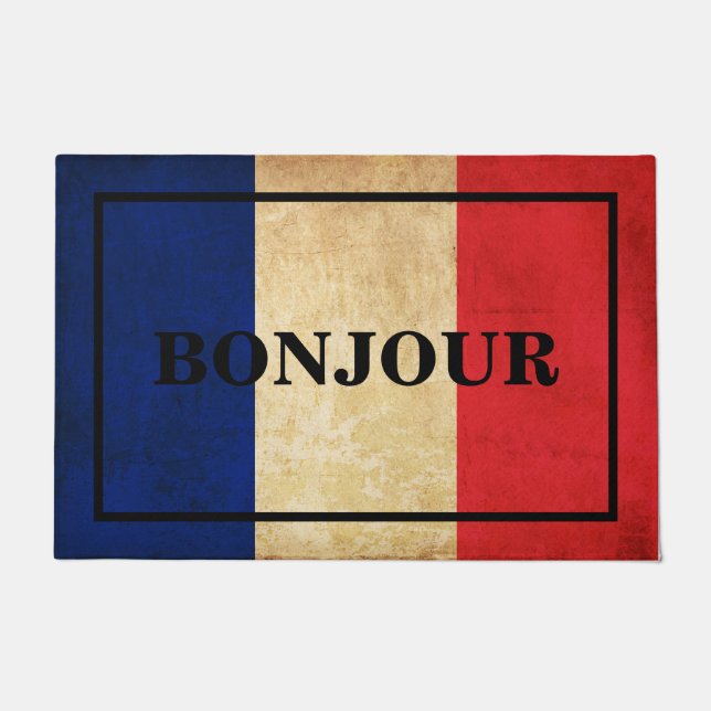 Felpudo Texto de BONJOUR PERSONALIZABLE sobre la bandera d (Anverso)