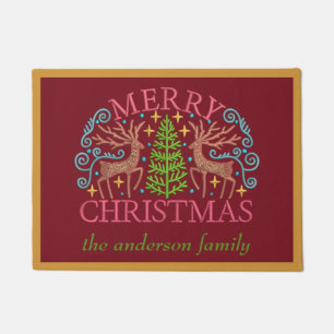 Felpudo Texto personalizado Feliz Navidad Árbol Rojo Entra