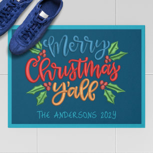 Felpudo Texto personalizado Feliz Navidad TODOS AZUL ROJO