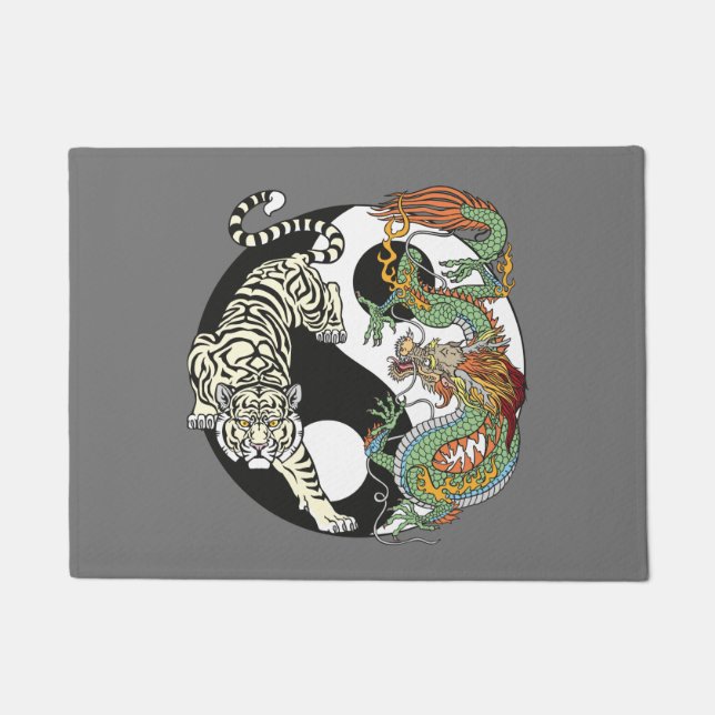 Felpudo Tigre blanco contra dragón verde en Yin yang (Anverso)