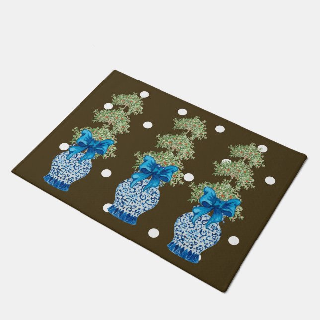 Felpudo Topiary Doormat Naranja de la Chinoiserie azul mar (Angular)