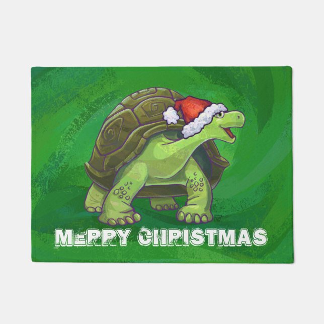 Felpudo Tortoise en Santa Hat en Green (Anverso)