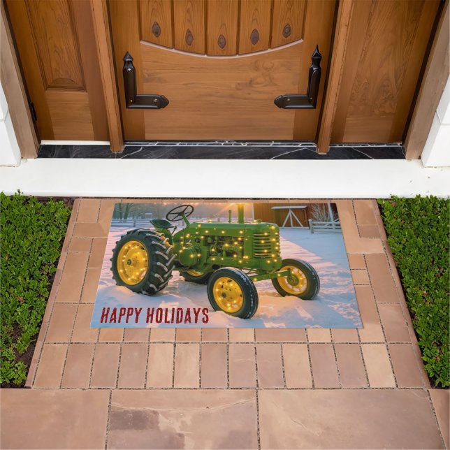 Felpudo Tractor verde vintage de Navidad (Exterior)