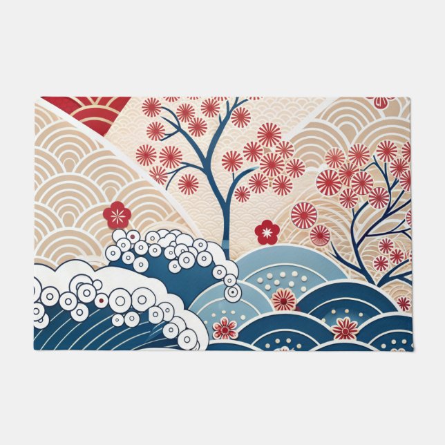 Felpudo Trendy Modern Japanese Wave & Sakura Pattern  (Anverso)