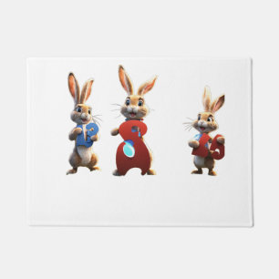 Felpudo Tres conejos de dibujos animados sosteniendo un en