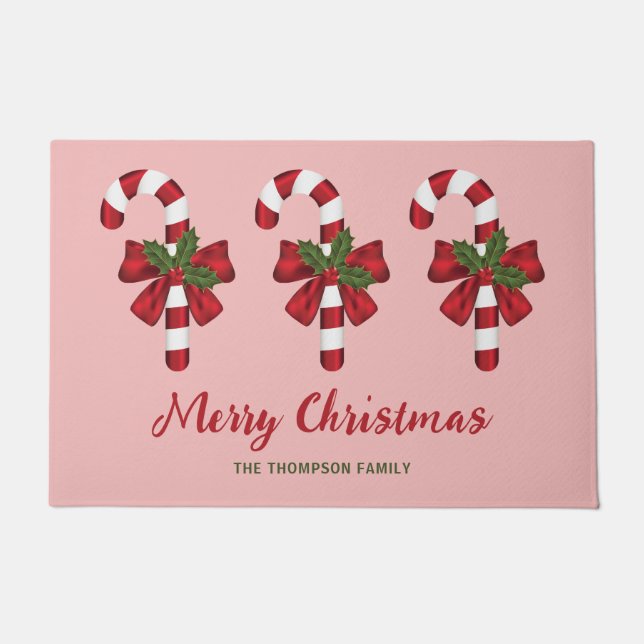 Felpudo Tres Navidades Candy Canes Con Texto Personalizado (Anverso)