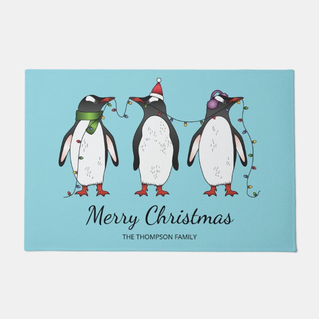 Felpudo Tres Navidades festivos pingüinos con texto Person (Anverso)