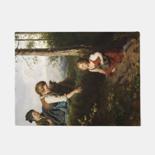 Felpudo Tres niños recogiendo cerezas silvestres en un bos