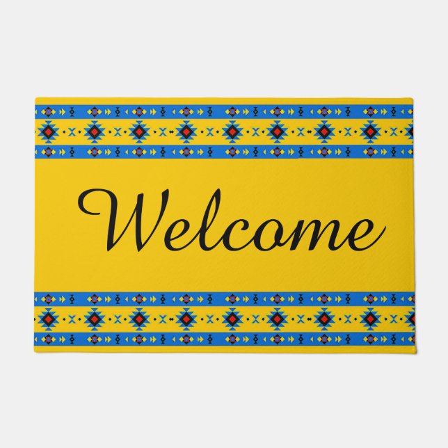Felpudo Tribal azul y amarillo (Anverso)