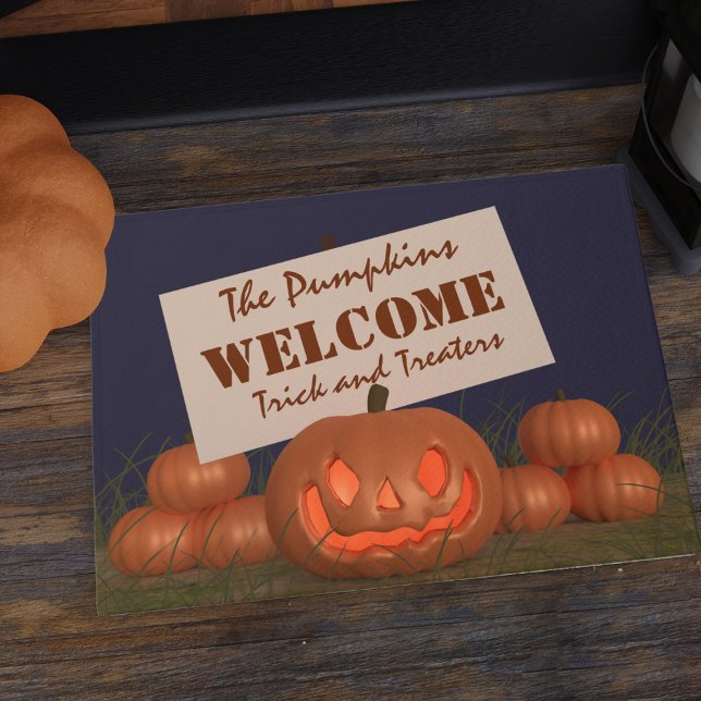 Felpudo Trick de calabaza de Halloween o trato a Doormat d (Welcome your trick and treaters with this creepy pumpkin Halloween doormat!)