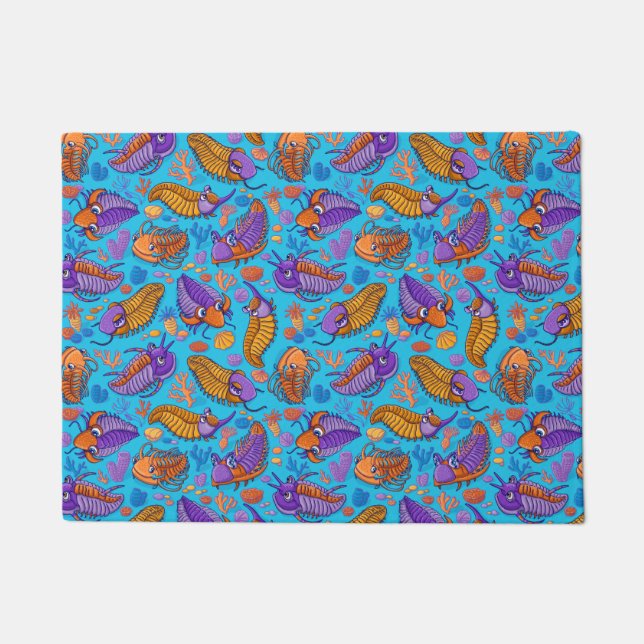 Felpudo Trilobites sobre fondo azul claro (patrón de niños (Anverso)