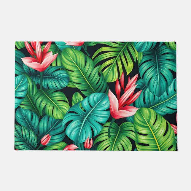 Felpudo Tropical Monstera Heliconia Jungle Pattern (Anverso)