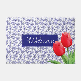 Felpudo Tulipanes rojos elegantes Floral de primavera Azul