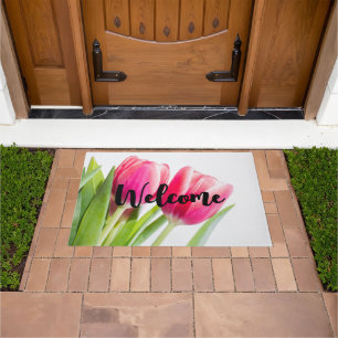 Felpudo Tulipanes rosas con hojas verdes foto bienvenida