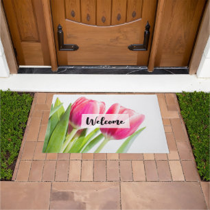 Felpudo Tulipanes rosas con hojas verdes foto bienvenida