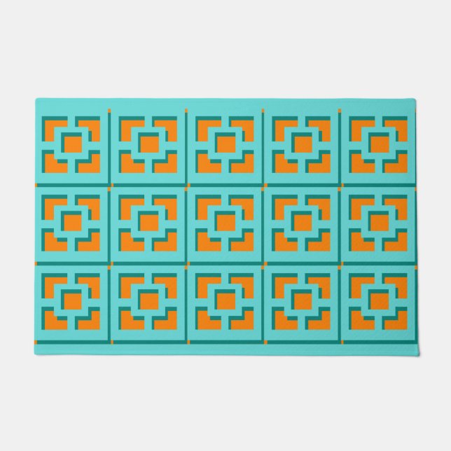 Felpudo Turquesa retro y Naranja Trellis Door Mat (Anverso)