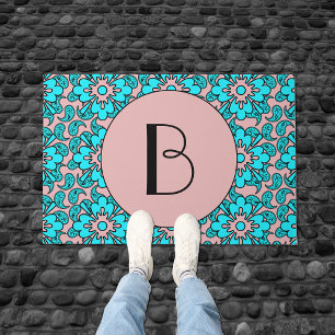 Felpudo Turquesa y monograma rosado de Paisleys