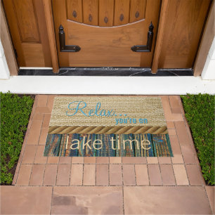 Felpudo Turquoise Brown Wood Look Faux Burlap