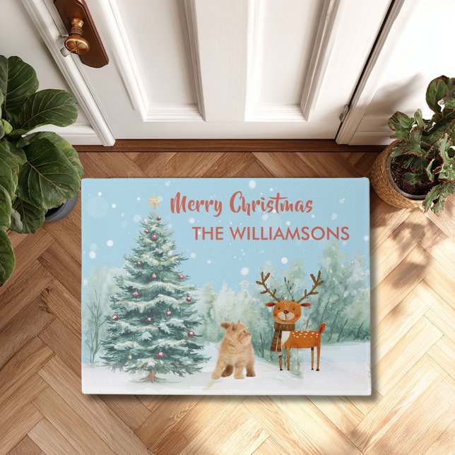 Felpudo Un gato curioso y elegantes Navidades de renos (Subido por el creador)