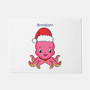 Felpudo Un pulpo alegre lindo usando Navidades gorra perso