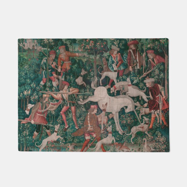 Felpudo Unicorn Caza Arte Medieval, Unicorn Se Defiende A  (Anverso)