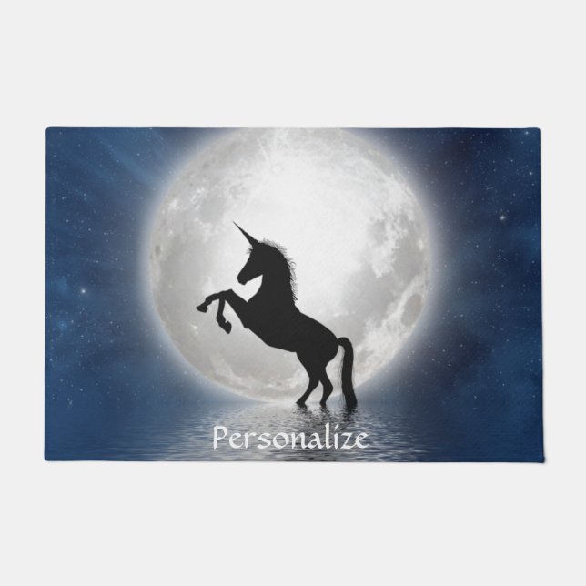 Felpudo Unicornio silueta contra luna llena personalizada (Anverso)