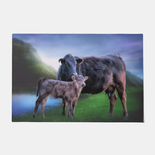 Felpudo Vaca y ternera de ángulos negros (Anverso)