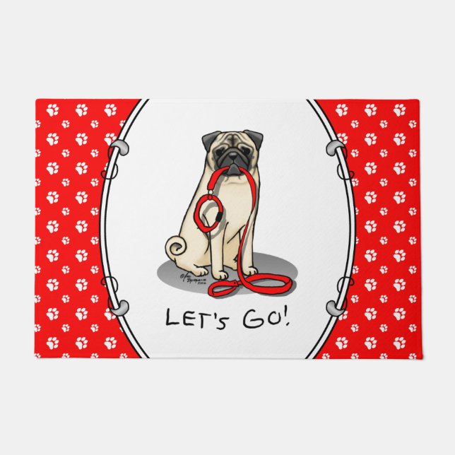 Felpudo ¡Vamos! (paseo) Perro Pug (flor claro) Cute de cor (Anverso)