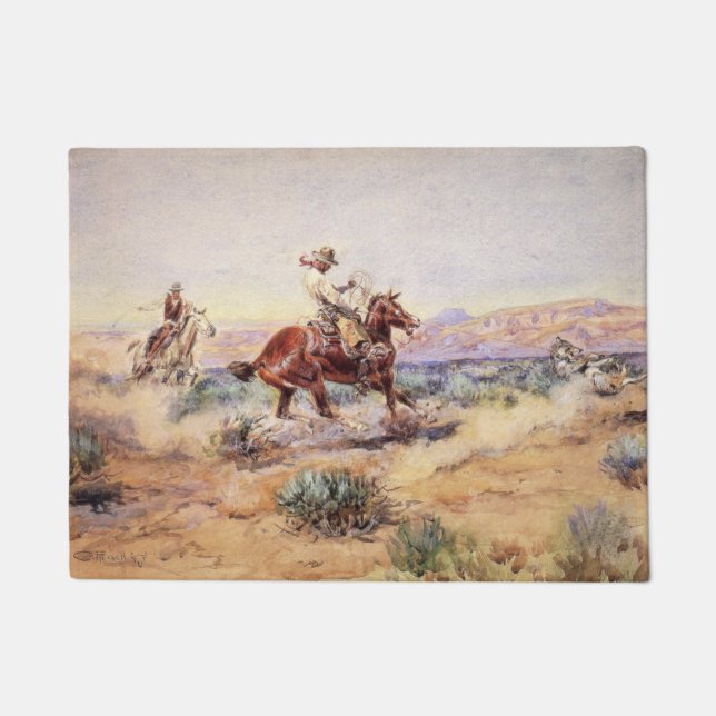 Felpudo Vaqueros estadounidenses en caballos lanzando un l (Anverso)
