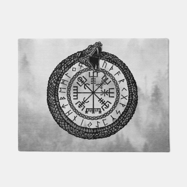 Felpudo Vegvisir con Ouroboros y las runas - grayscale (Anverso)