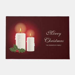 Felpudo Velas blancas de Navidad en rojo con texto persona