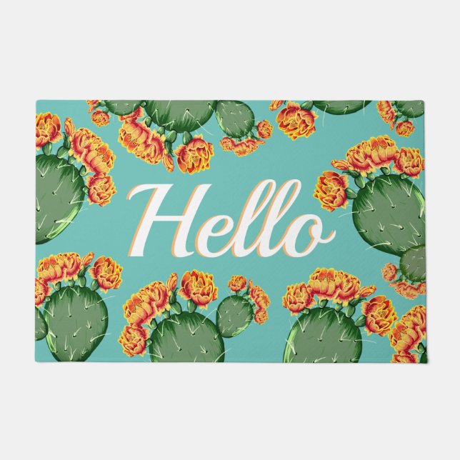 Felpudo Verano Pear Cactus y Flores Hola Doormat (Anverso)