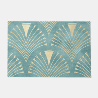Felpudo Verde de la pluma, oro, patrón Art Decó, vintage,